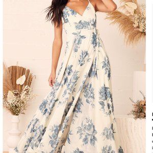 Lulu's Elegantly Inclined Cream and Blue Floral Print Wrap Maxi Dress S